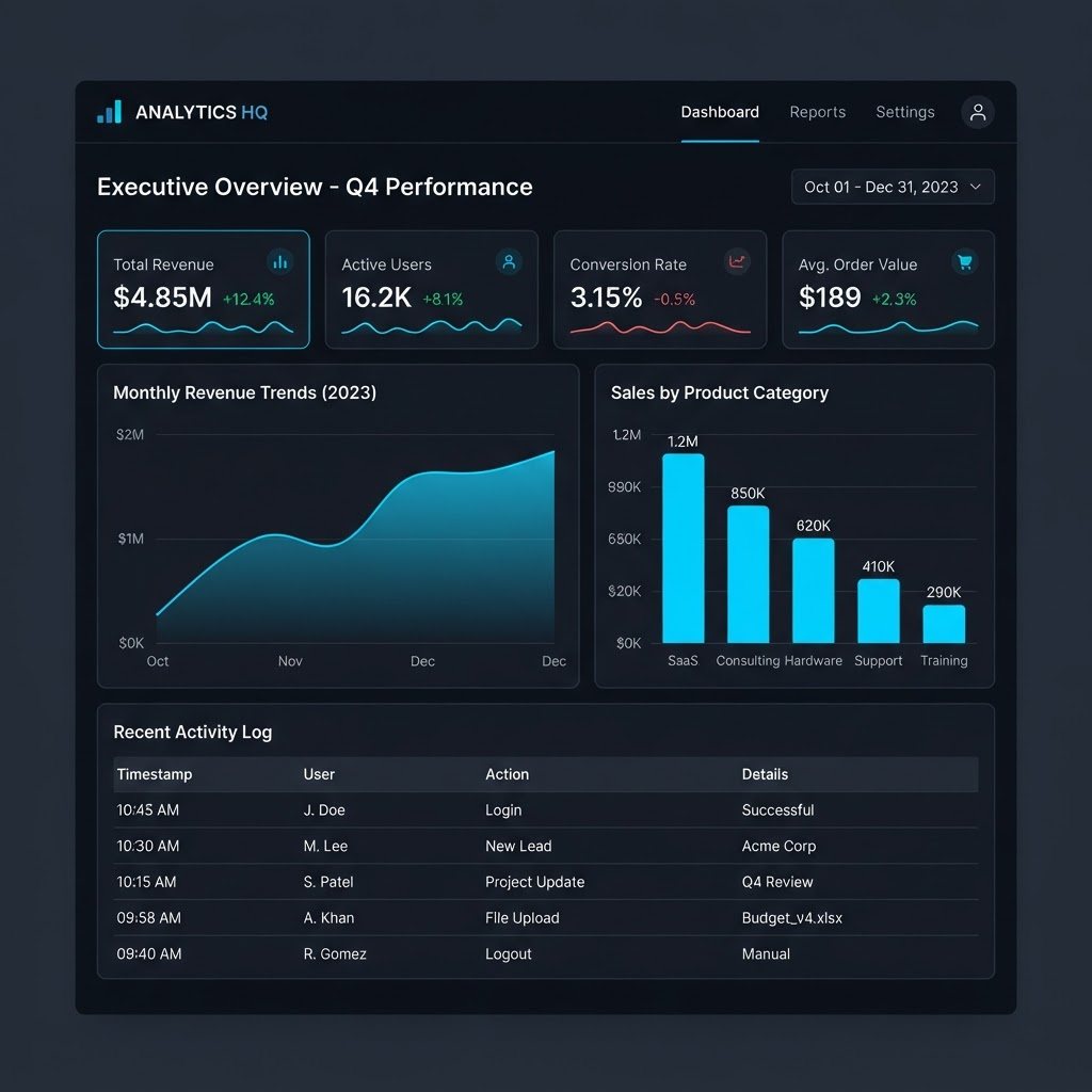 Mock-up of a business management dashboard with charts and metrics