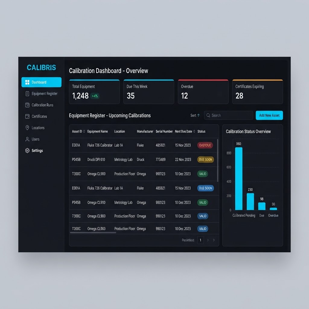 Dashboard mock-up of a calibration management platform