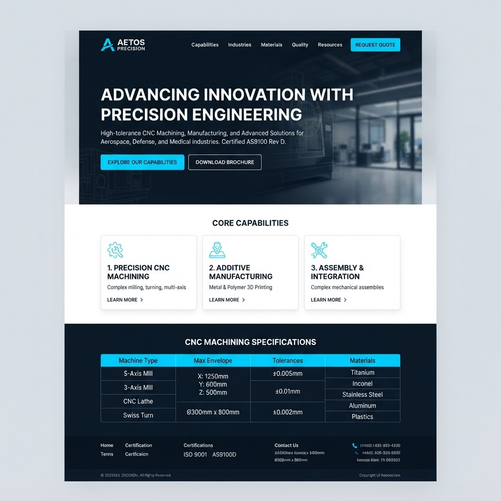 Browser mock-up of an engineering company website homepage